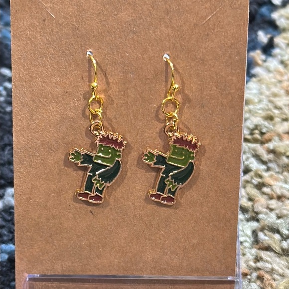 Handmade Quirky Cute Frankenstein Earrings Dangle Green & Gold NWT Halloween - Picture 1 of 4